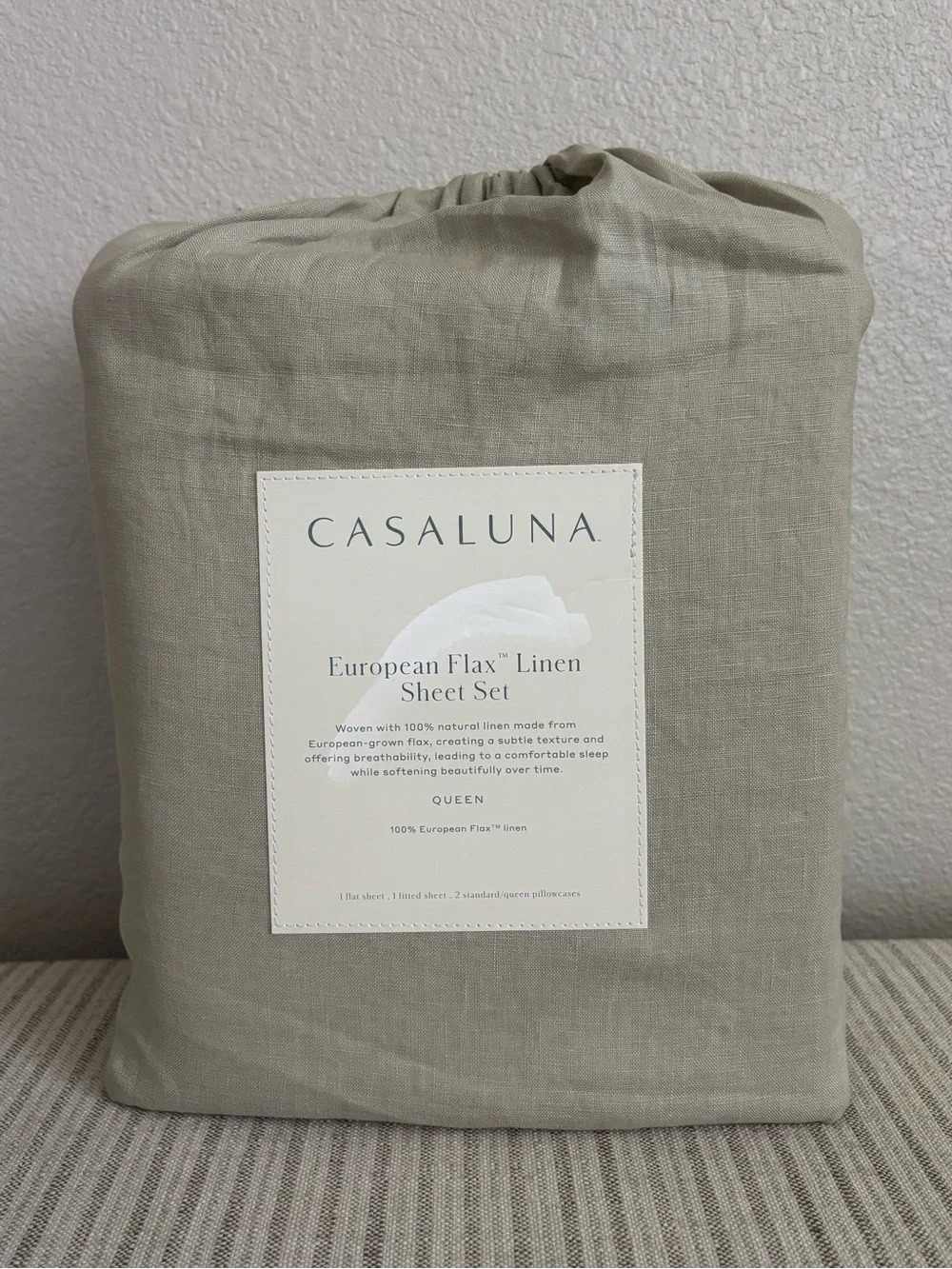 NWT Queen 100% Linen Sheet Set Light Olive Green - Casaluna